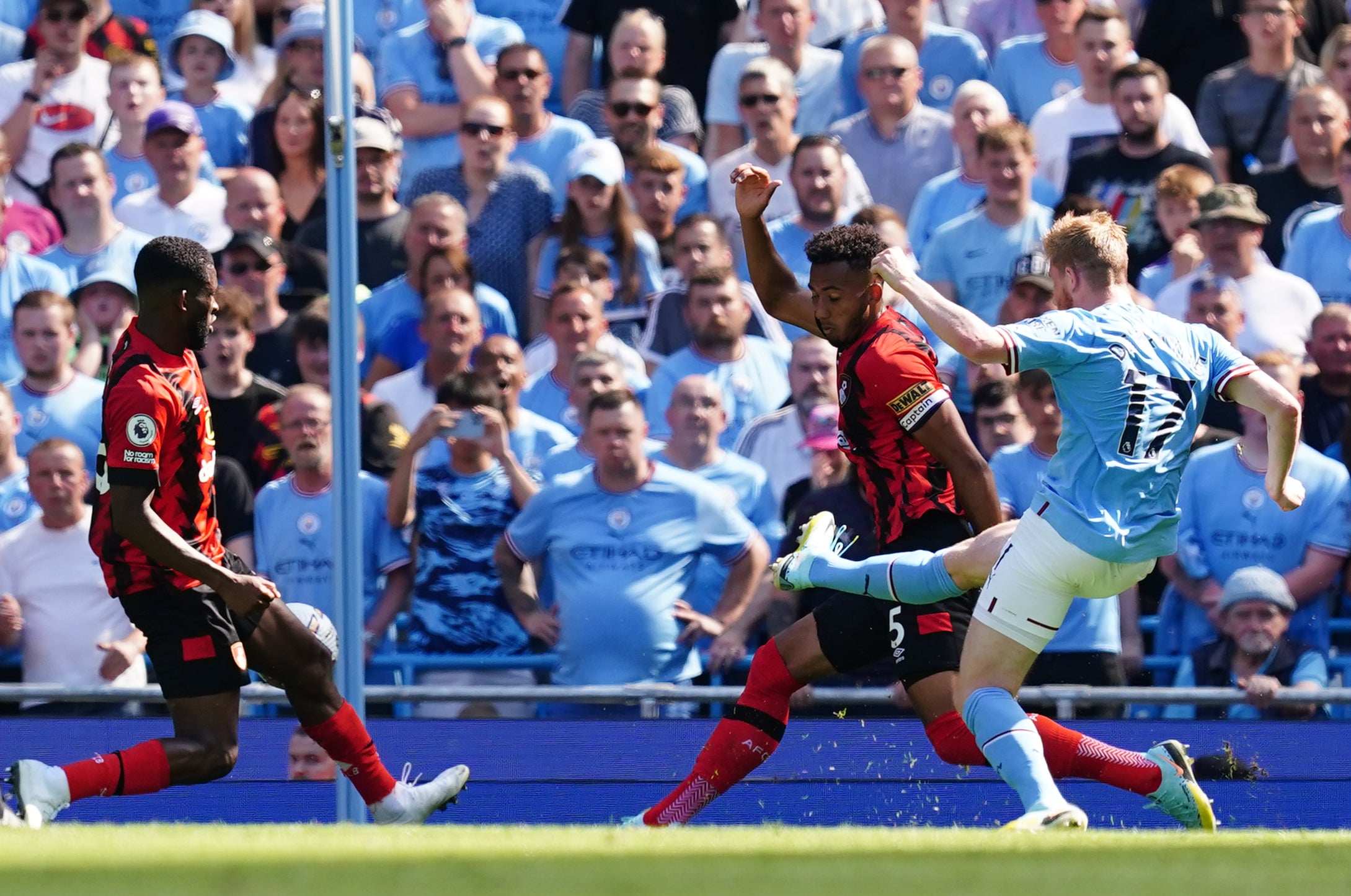 Manchester City’s Kevin de Bruyne scores his side’s second goal against Bournemouth (Martin Rickett/PA)