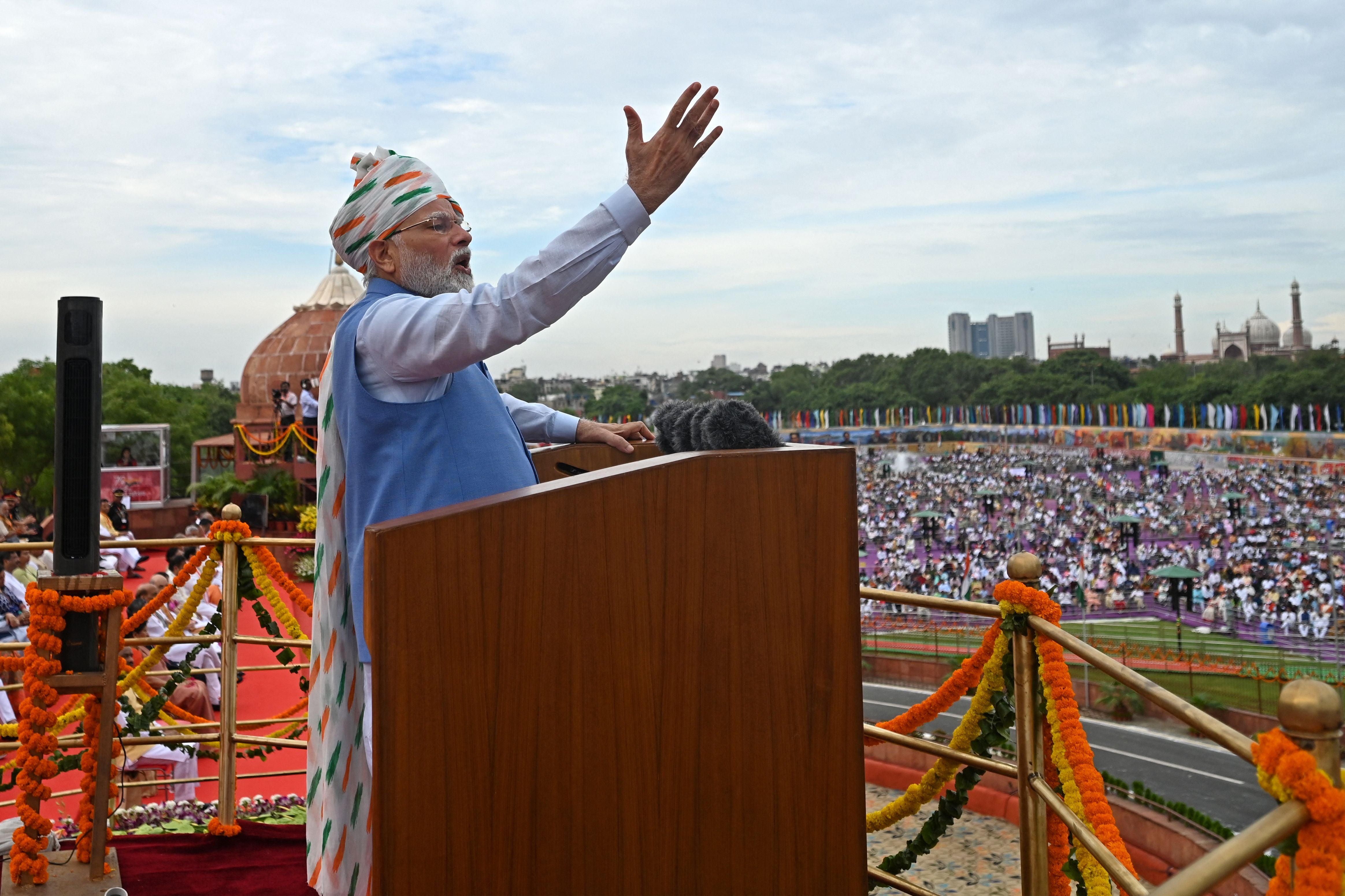 File. India’s prime minister Narendra Modi addresses the nation from the ramparts of the Red Fort during the celebrations to mark countrys Independence Day in New Delhi on 15 August 2022
