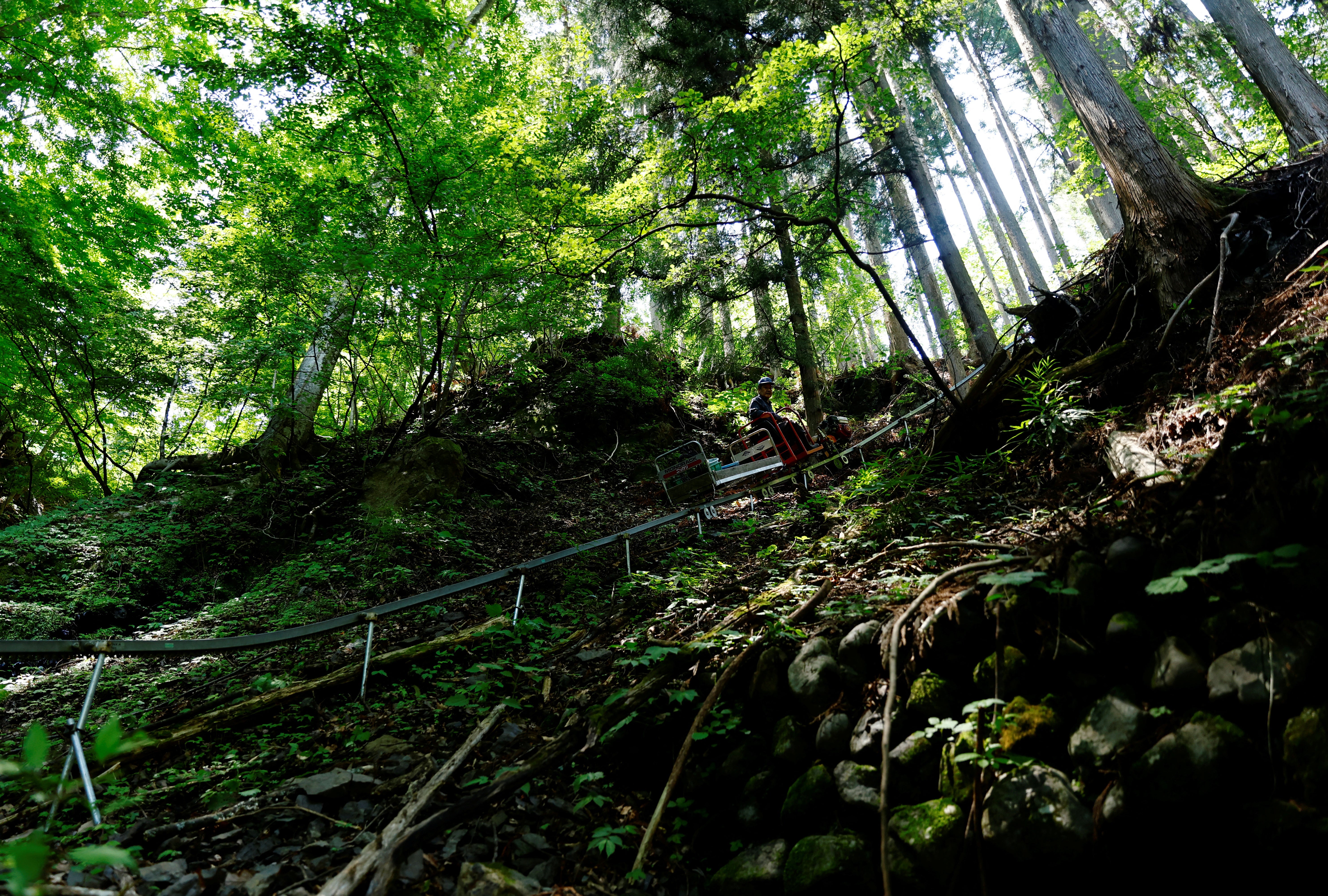 Masahiro Hoshina rides a Monorack railway to access his fields