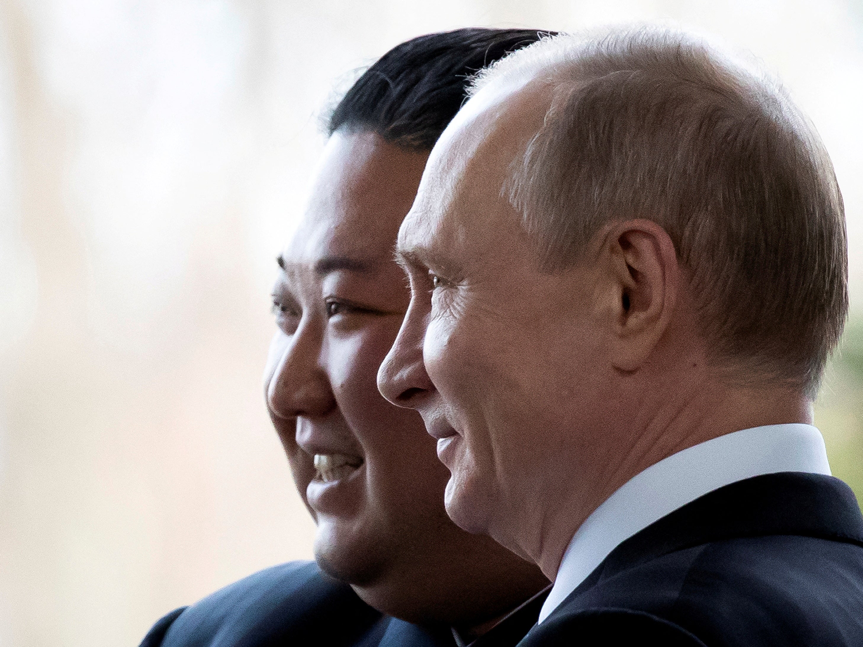 <p>North Korean leader Kim Jong Un poses with Russian president Vladimir Putin in Vladivostok, Russia, in April 2019. </p>