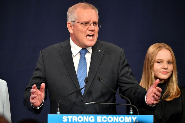 <p>File: Australia’s prime minister Scott Morrison speaks beside his daughter at a Liberal election night after the Australian general election in Sydney on 21 May 2022</p>