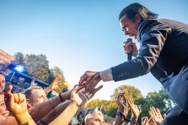 <p>Nick Cave reaches out to the crowd at Øya 2022</p>