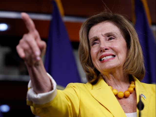 <p>Speaker of the House Nancy Pelosi talks to reporters during her weekly news conference ahead of the vote on the Inflation Reduction Act of 2022 </p>