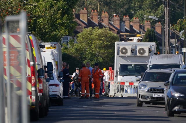 Gas engineers at the scene on Galpin’s Road, Thornton Heath, south London, where four-year-old Sahara Salman died when a terraced home collapsed following an explosion and fire on Monday. Picture date: Friday August 12, 2022.