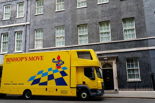 <p>A removals van on Downing Street on Monday as the prime minister enjoys a second holiday in Greece</p>