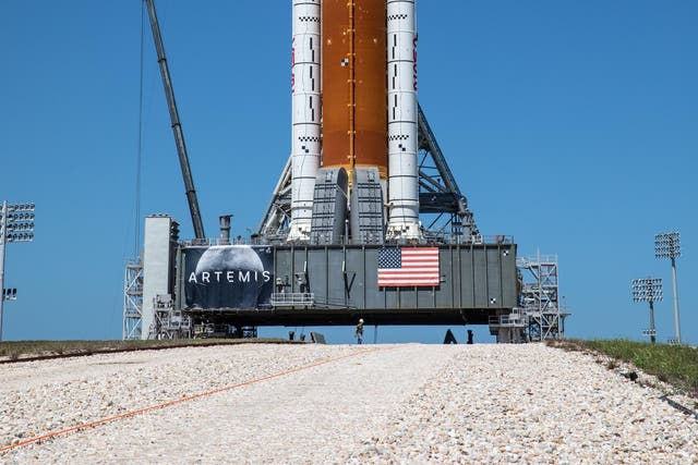 <p>Nasa’s Space Launch System rocket and Orion spacecraft, which could launch from Kennedy Space Center as early as 29 August, 2022</p>
