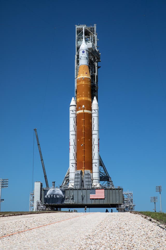 <p>Nasa’s Space Launch System rocket and Orion spacecraft, which could launch from Kennedy Space Center as early as 29 August, 2022</p>