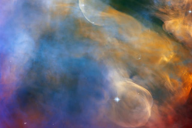 <p>The Hubble Space Telescop reveals colorful outflows of stellar gas in the Orion Nebula</p>