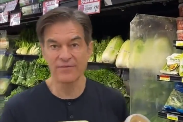 <p>Dr Mehmet Oz goes grocery shopping in a widely panned campaign video in his bid for Pennsylvania Senate</p>