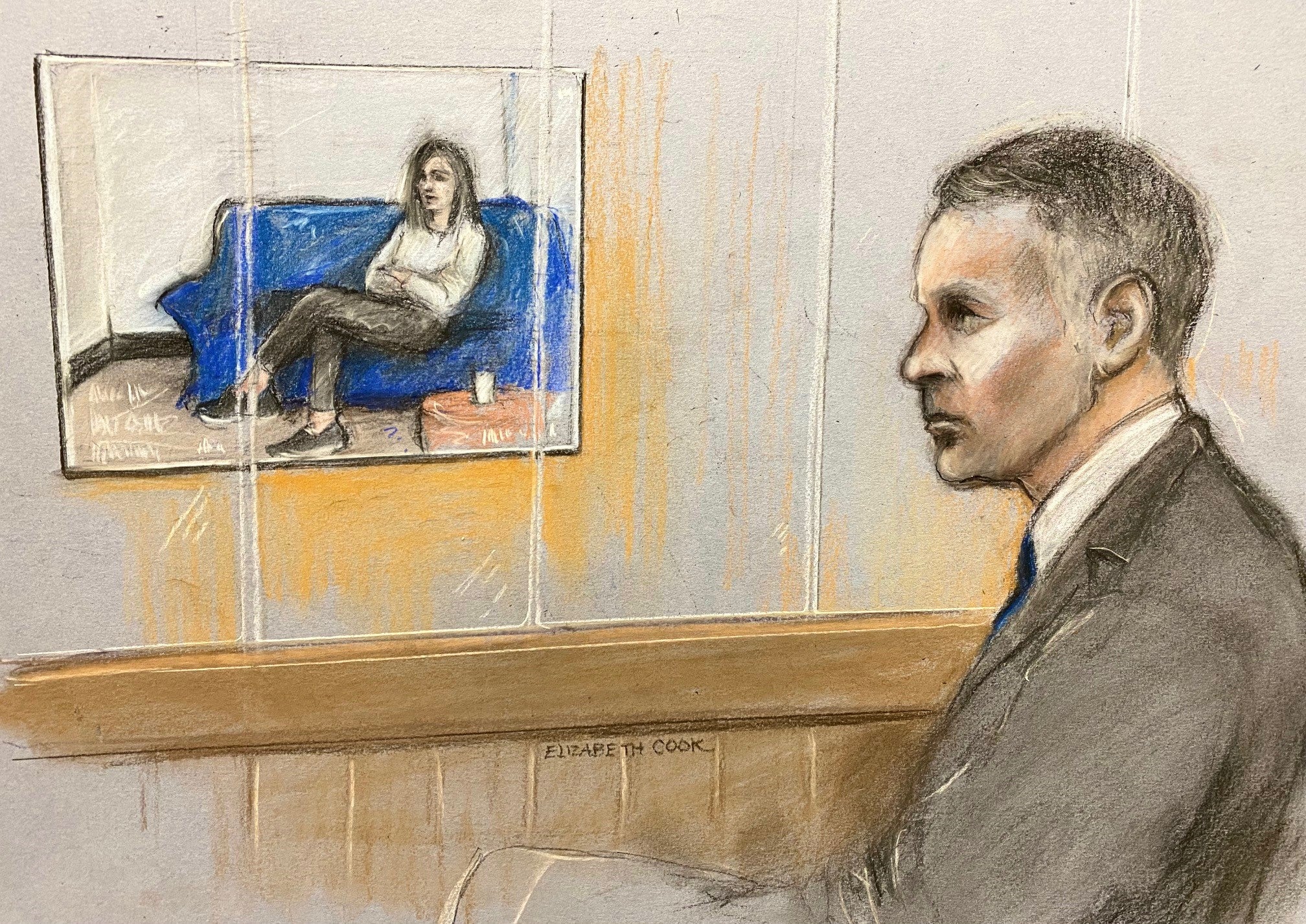 A court artist sketch drawn last week shows Ryan Giggs watching ex-girlfriend Kate Greville giving evidence to police