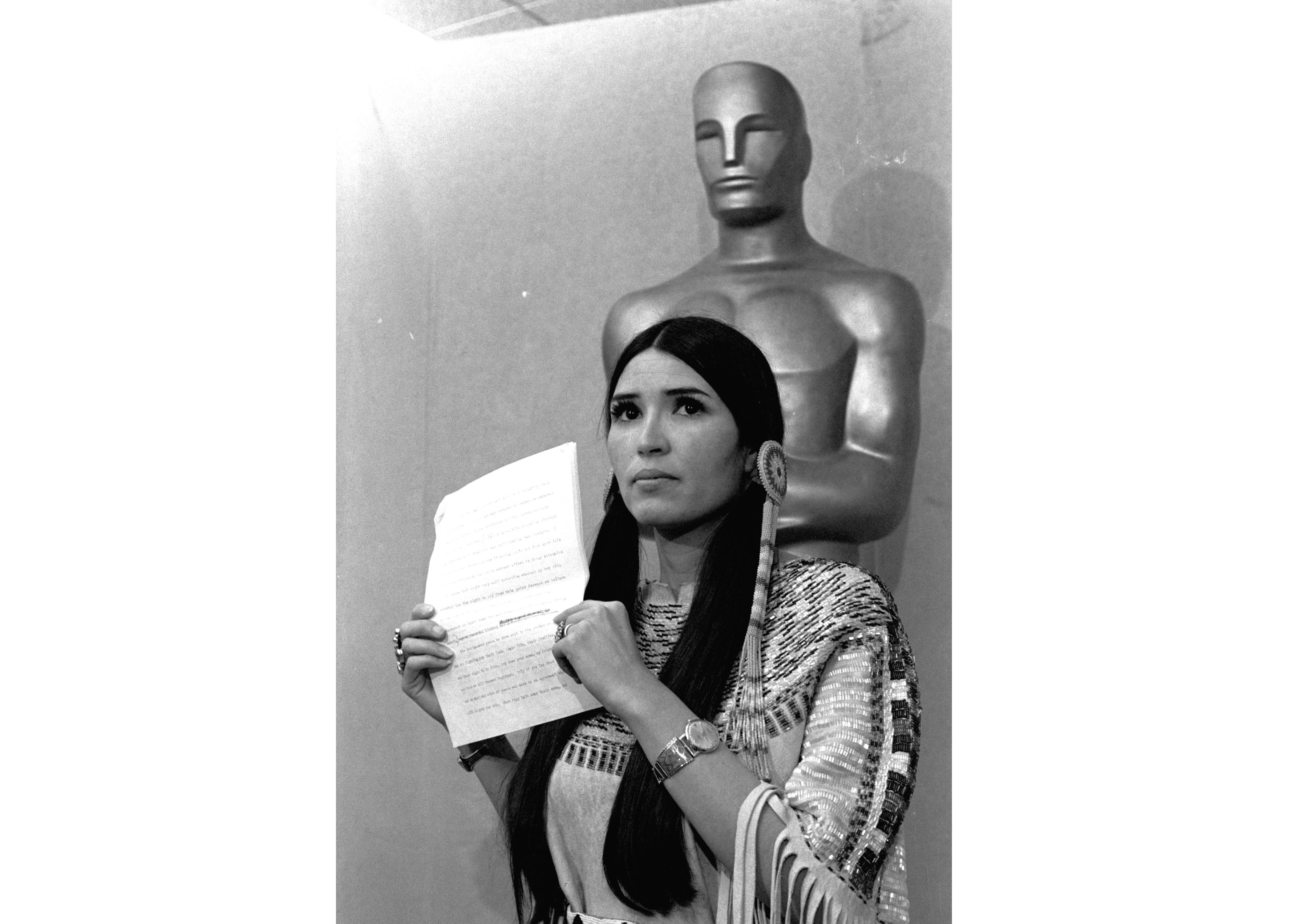 The activist holds up her speech at the 1973 Academy Awards