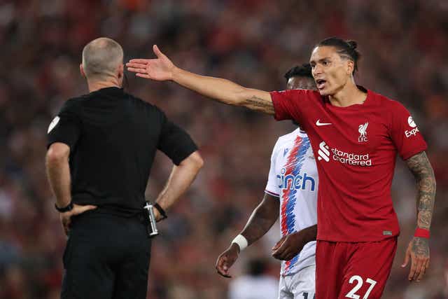 <p>Darwin Nunez protests after being shown a red card </p>