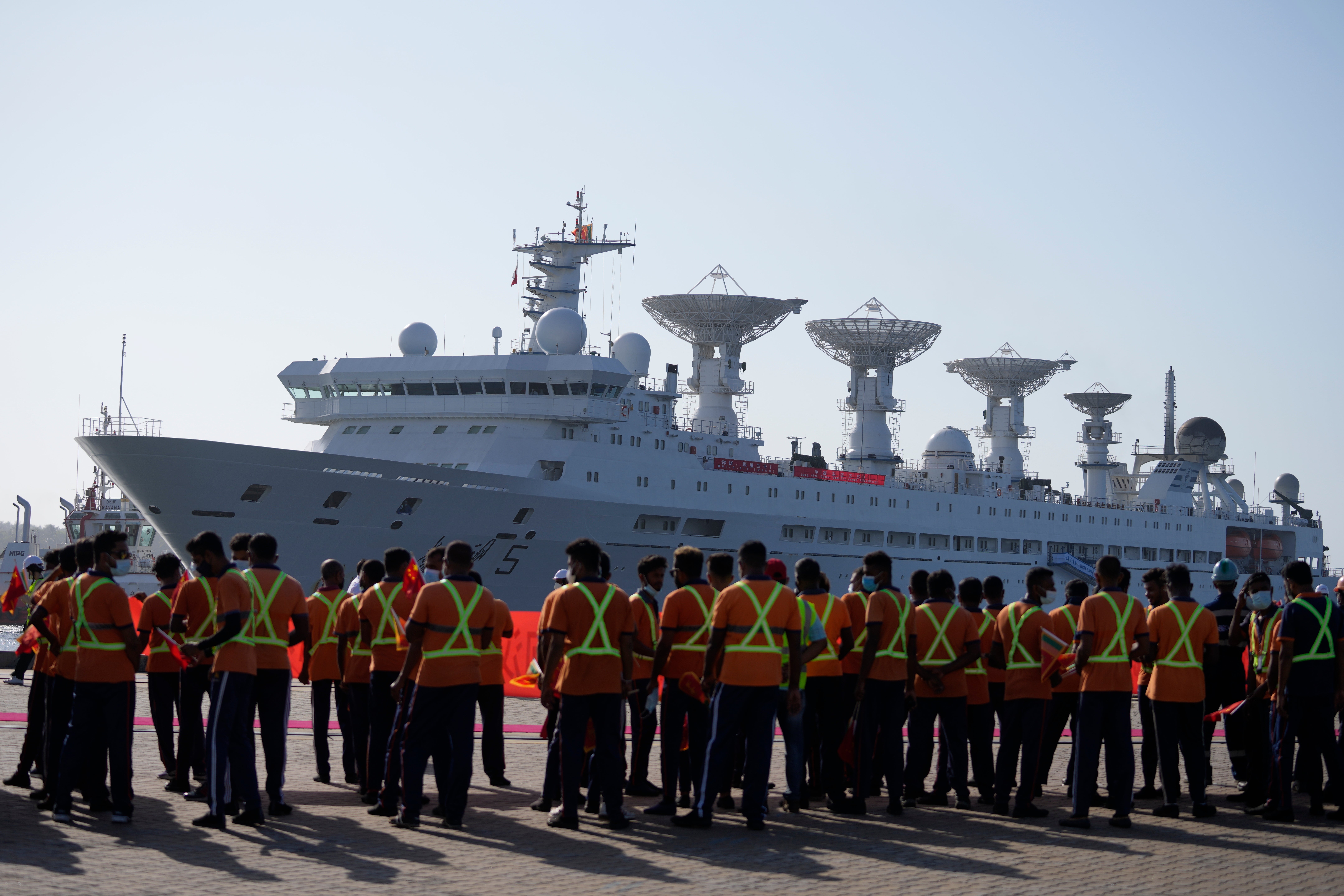 Yuan Wang 5, a Chinese scientific research ship, arrives at the port in Hambantota, Sri Lanka, Tuesday on 16 August 2022 after an earlier port call was deferred due to apparent security concerns