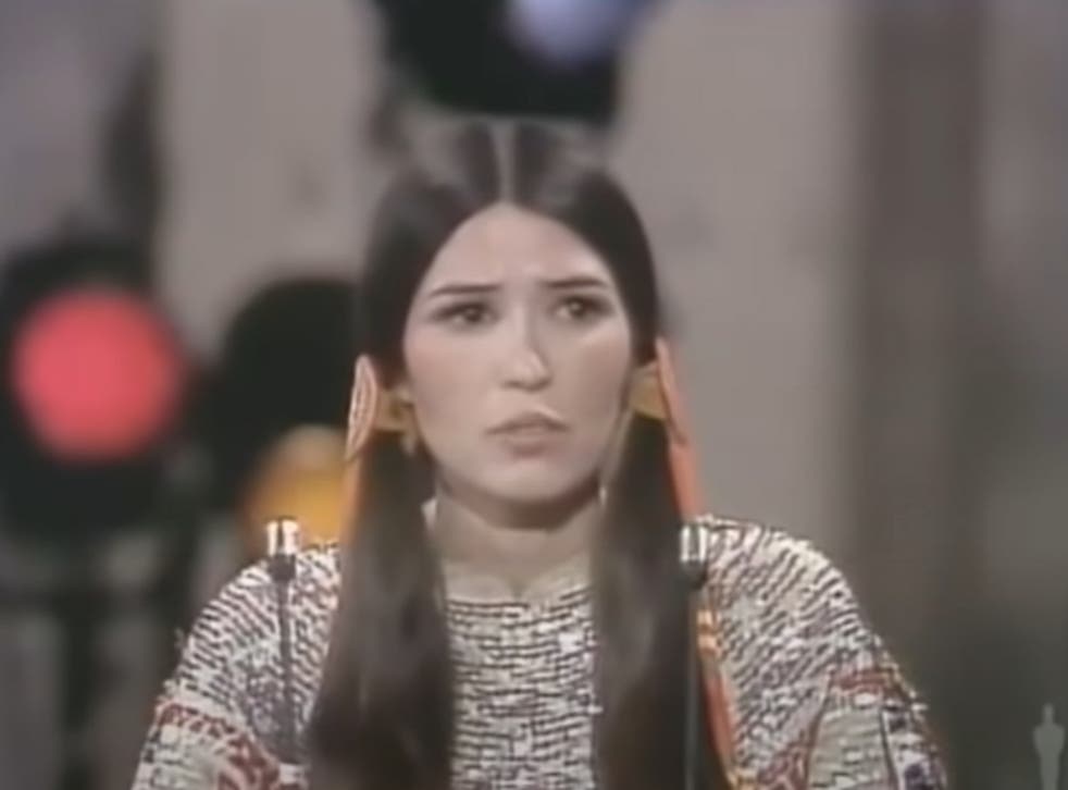 <p>Sacheen Littlefeather at the 1973 Oscars </p>