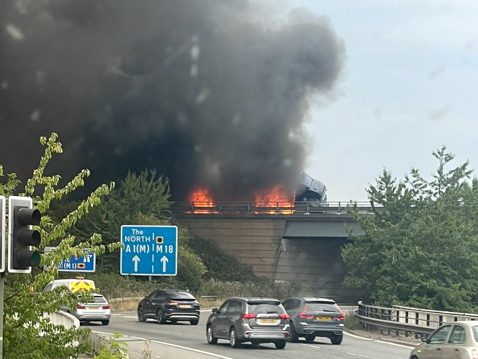 A lorry caught fire along the M18 near Doncaster
