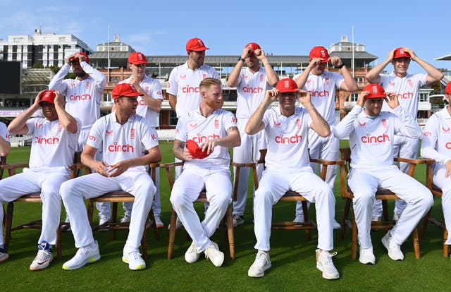 <p>The England players wearing their 'Red for Ruth’ caps</p>