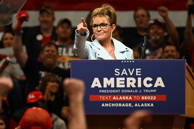 <p>‘Save America’: Palin at a rally in Alaska last month </p>