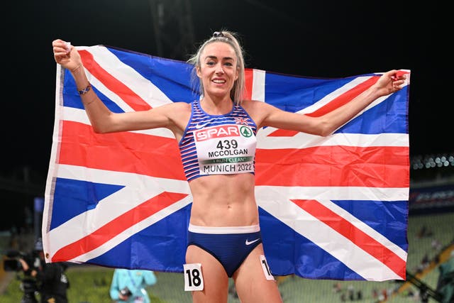 <p>Silver medalist Eilish McColgan of Great Britain celebrates in Munich</p>