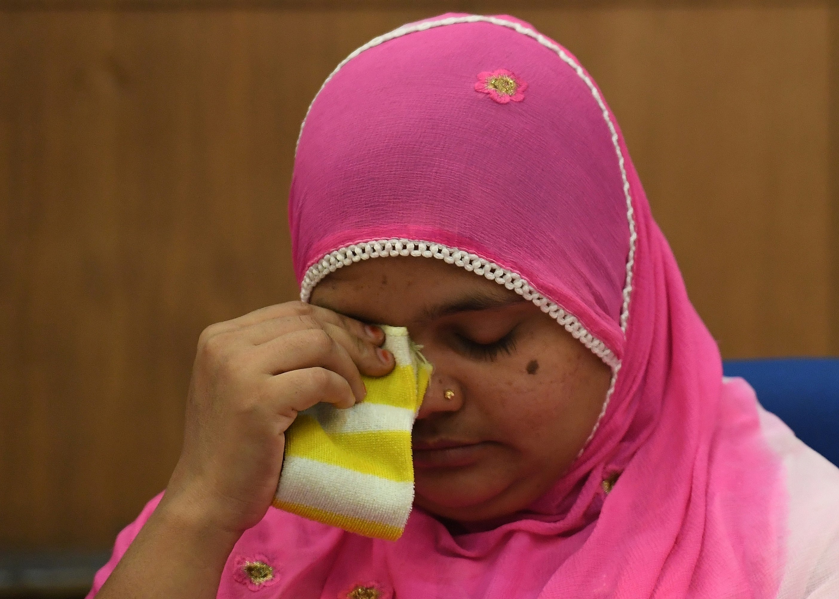 Indian rape survivor Bilkis Bano reacts during a press conference in Delhi on 8 May 2017