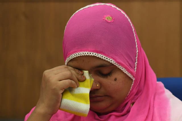 <p>File Indian rape survivor Bilkis Bano reacts during a press conference New Delhi on 8 May 2017 </p>