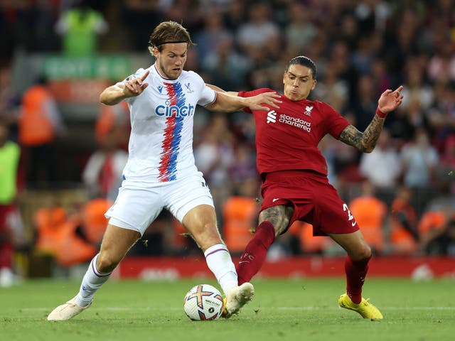 <p>Darwin Nunez of Liverpool battles for possession with Joachim Andersen of Crystal Palace</p>