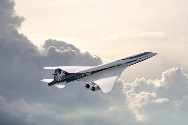 Arte conceptual del avión de pasajeros supersónico Overture propuesto en desarrollo por Boom Supersonic