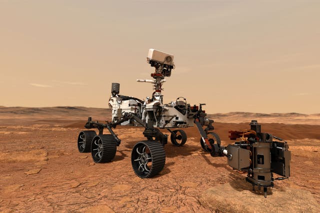 Una ilustración del rover Perserverance en Marte. Un estudio reciente analizó cómo los visitantes humanos del planeta podrían cultivar vegetales.