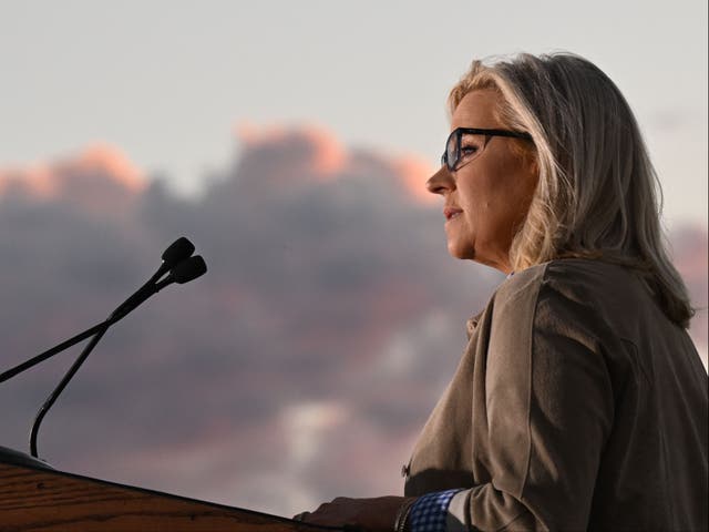 <p>Liz Cheney speaks to supporters on the night of the Republican primary election in Wyoming on August 16 2022</p>