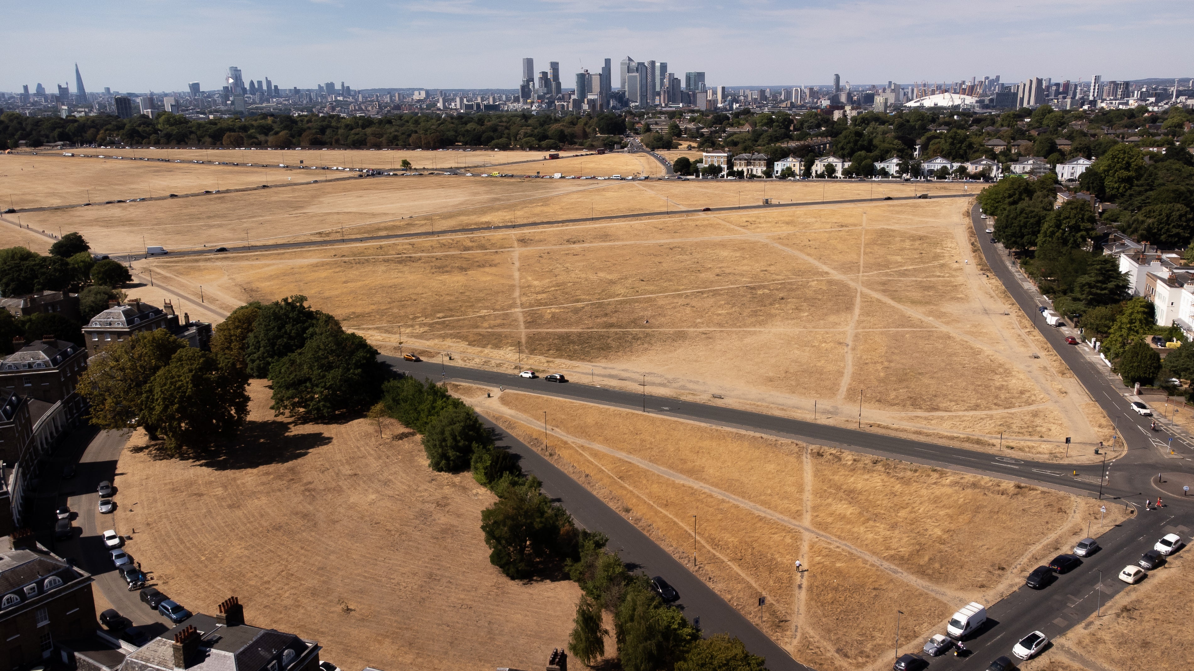 A view of Blackheath, London as the heatwave turns parks from green to yellow.