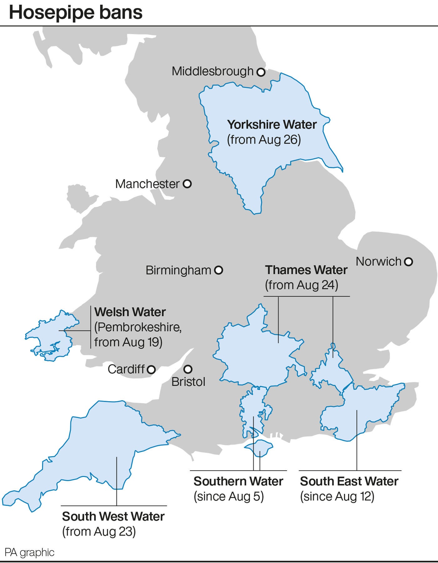 Map shows location of hosepipe bans in England and Wales