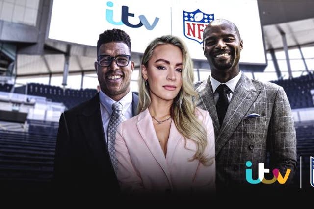 <p>Jason Bell, Osi Umenyiora and Laura Woods will front up ITV’s NFL coverage</p>