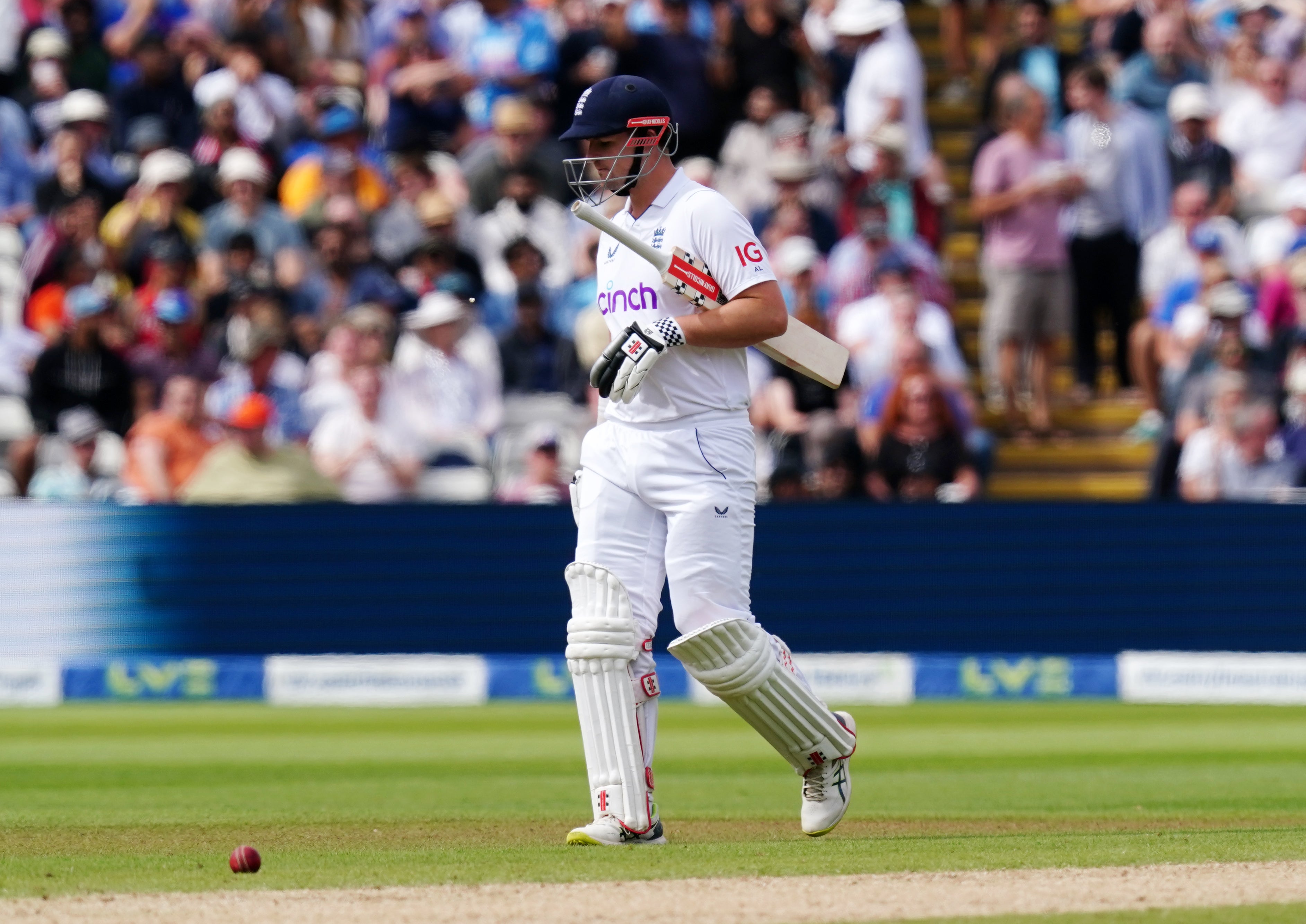 England’s Alex Lees walks off after being run out (David Davies/PA)