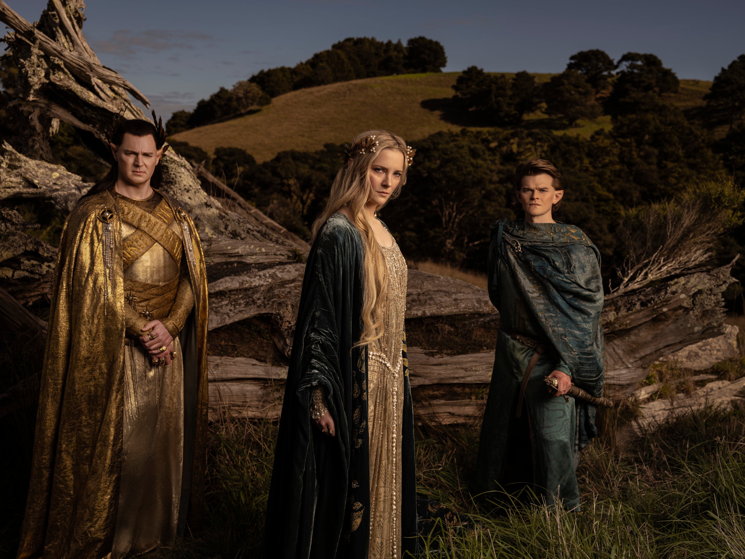 Benjamin Walker, Morfydd Clark, and Robert Aramayo in ‘Lord of the Rings: The Rings of Power’