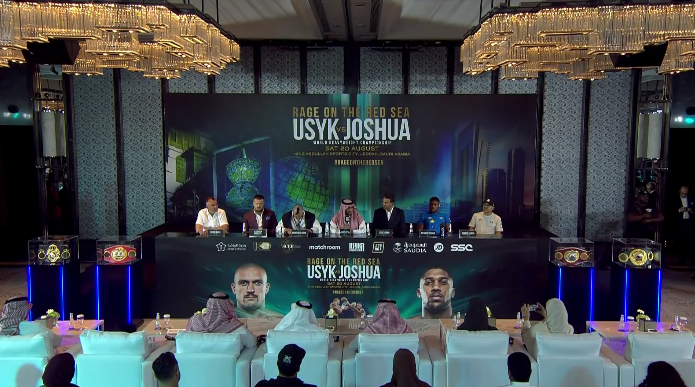 Anthony Joshua and Oleksandr Usyk attend the press conference in Jeddah, Saudi Arabia