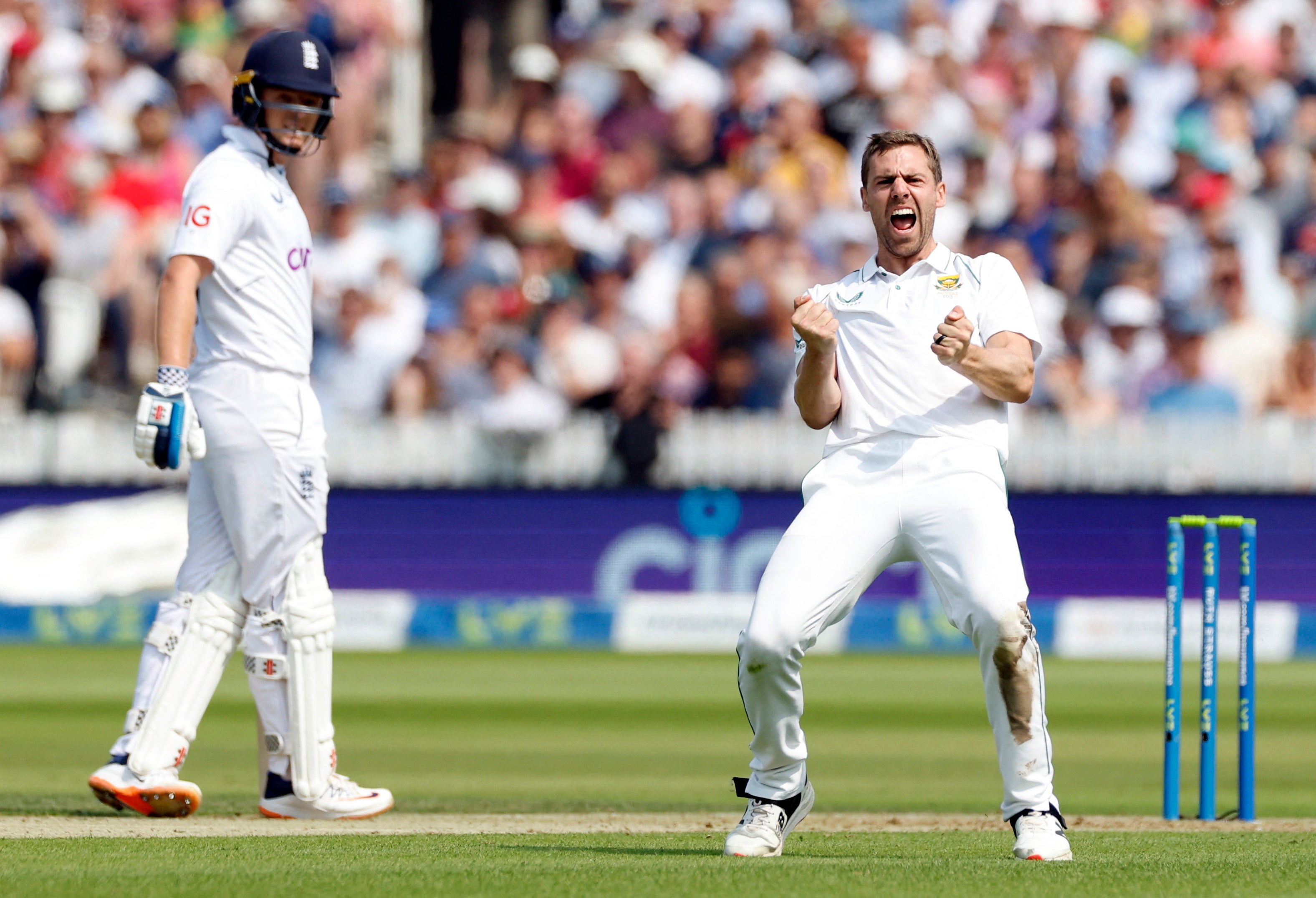 Anrich Nortje after taking the wicket of Jonny Bairstow