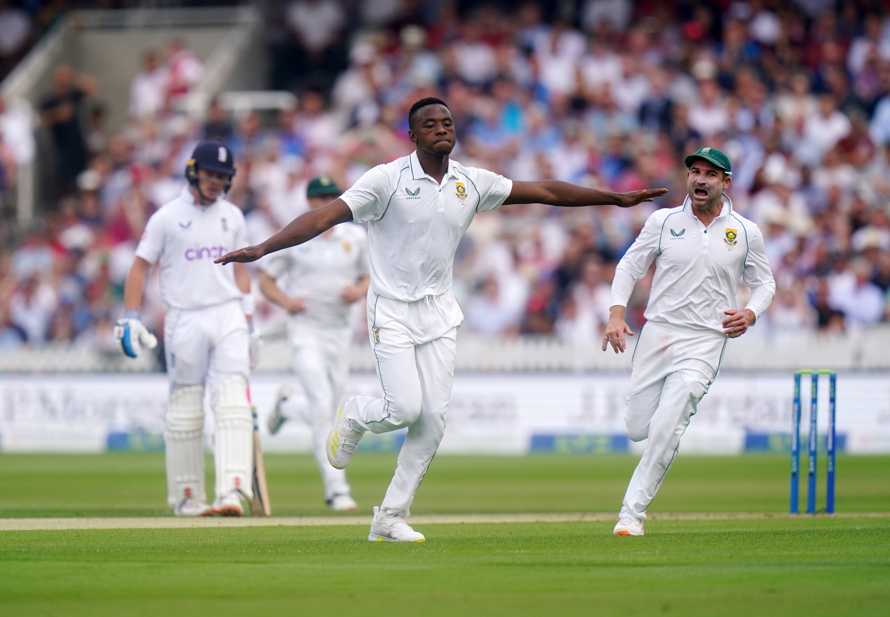 Kagiso Rabada celebrates taking the wicket of Zak Crawley