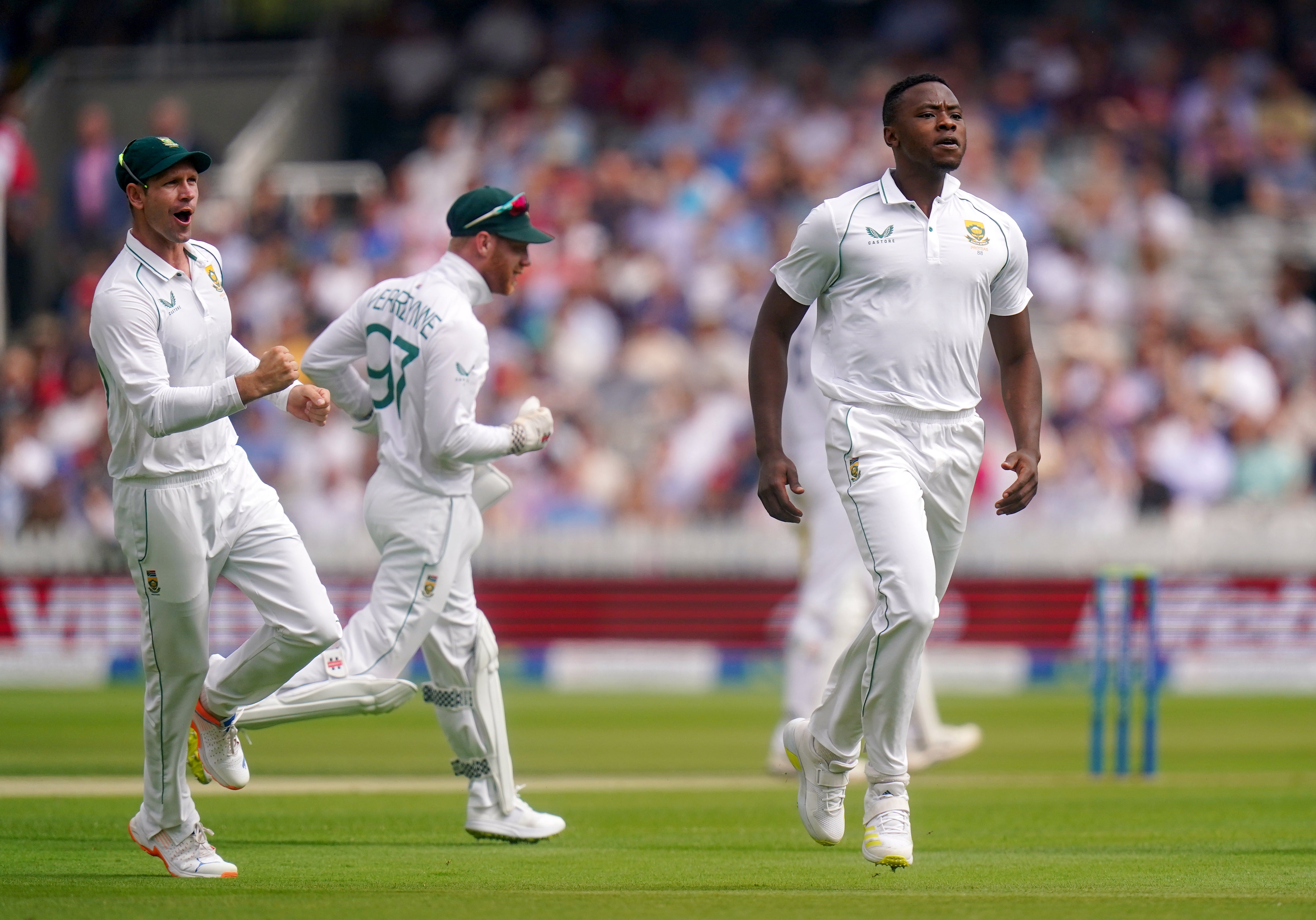 South Africa’s Kagiso Rabada celebrates the wicket of England’s Alex Lees (Adam Davy/PA)