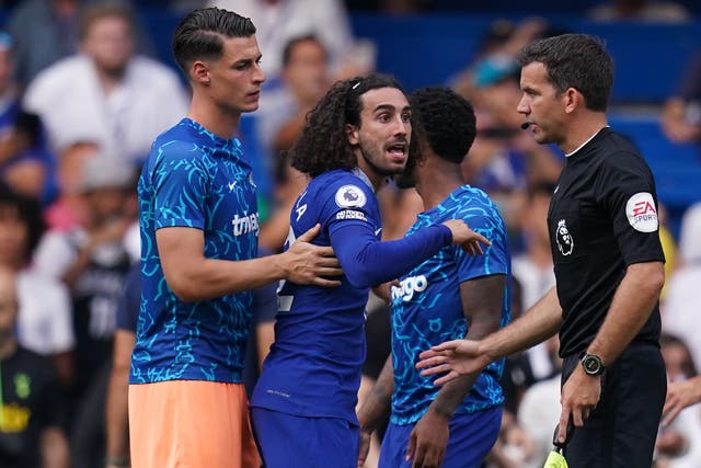 Marc Cucurella, centre, remonstrates with the assistant referee after Chelsea’s 2-2 draw with Tottenham (John Walton/PA)
