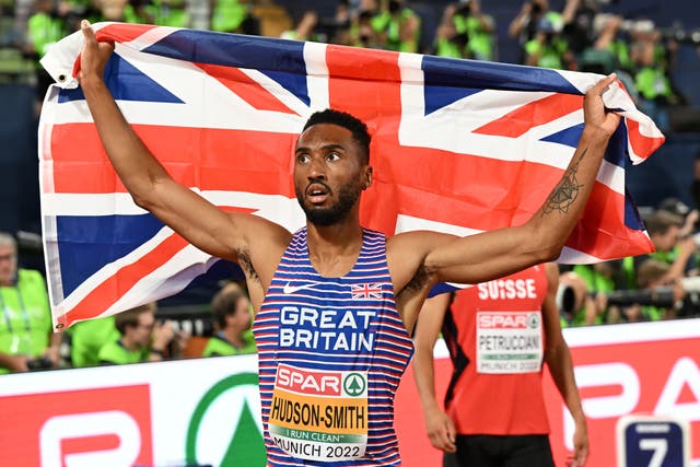 Great Britain’s Matt Hudson-Smith celebrates winning gold in the men’s 400m final at the European Championships (Sven Hoppe/DPA/PA)