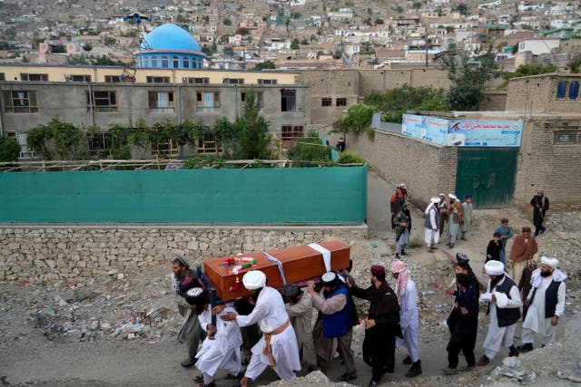 <p>Mourners carry the body of a victim of a mosque bombing in Kabul</p>