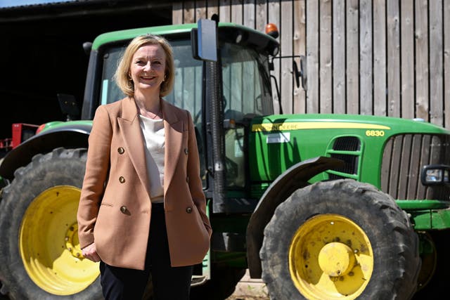 <p>Tory leadership frontrunner Liz Truss at farm in Devon during campaign </p>