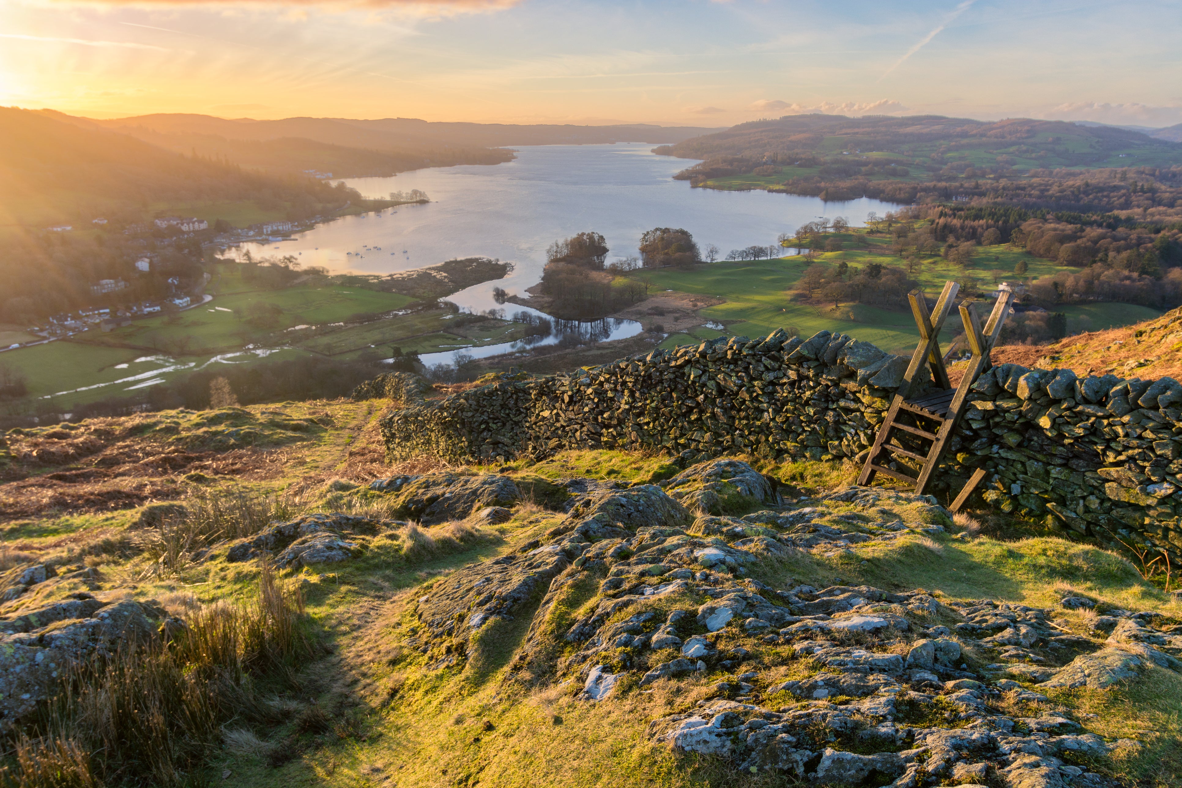 Windermere at sunrise from Loughrigg Fell summit at Todd Crag