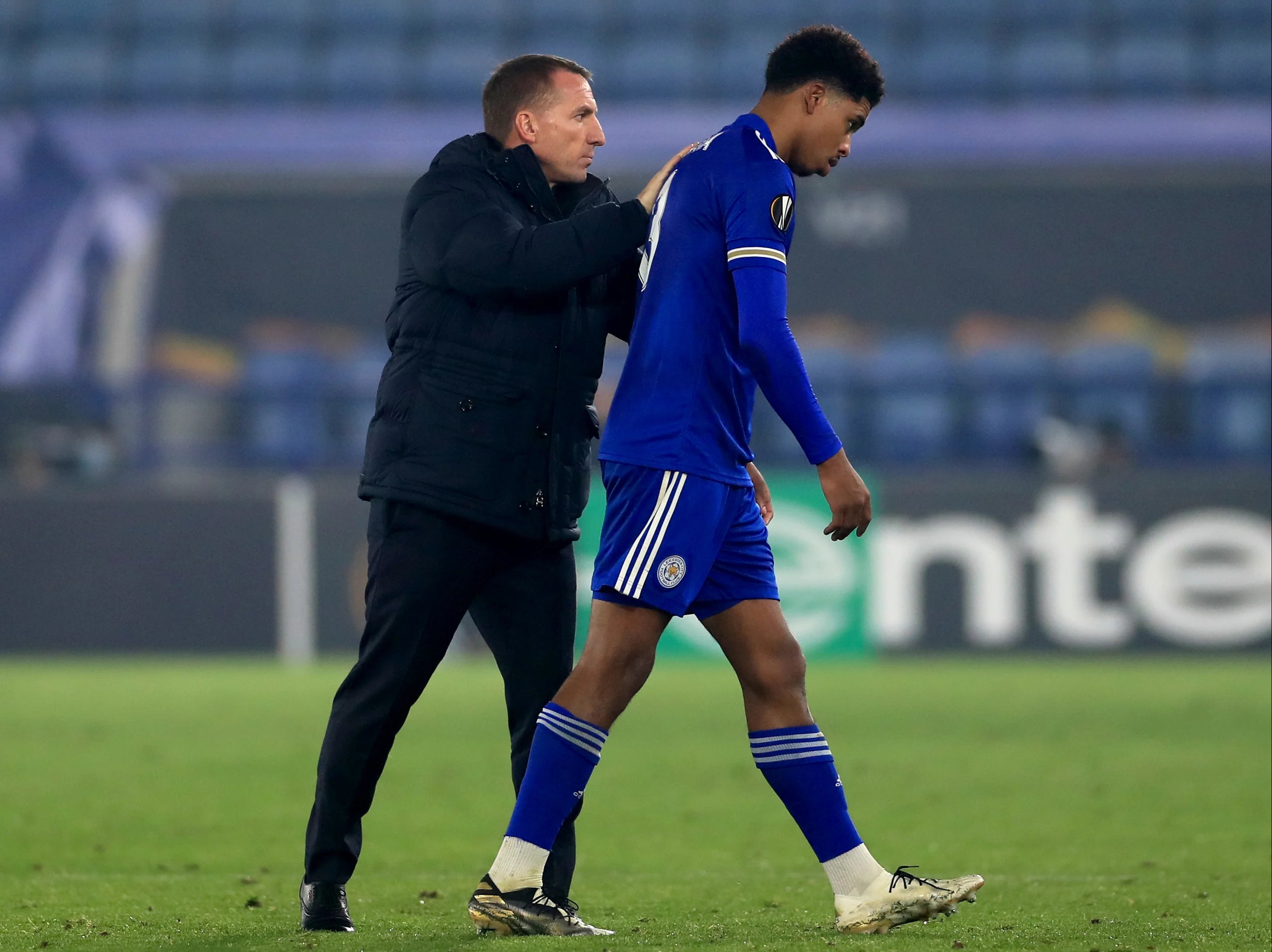 Leicester City manager Brendan Rodgers, left, expects Wesley Fofana, right, to stay with the club