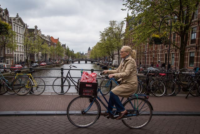 <p>A woman bikes over a canal in Amsterdam in 2017</p>
