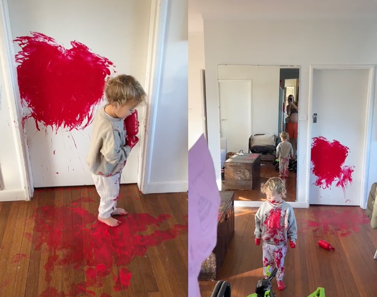Mother sparks debate after sharing her reaction to toddler getting red paint on walls and floor