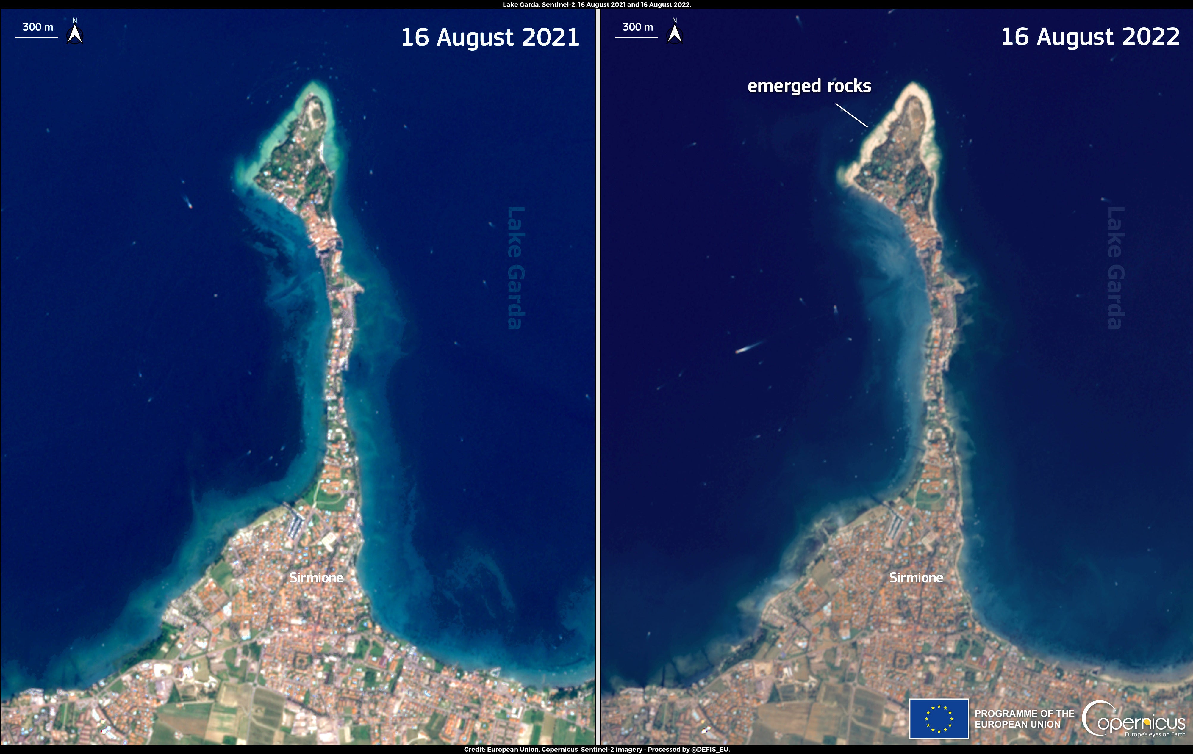 Satellite imagery shows the Sirmione peninsula on the 16 August 2021 (left) and 16 August 2022