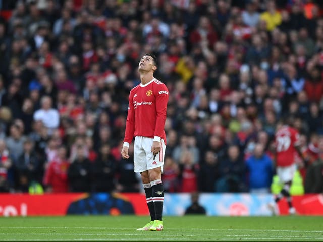 <p>Cristiano Ronaldo of Manchester United looks dejected after going behind against Liverpool</p>
