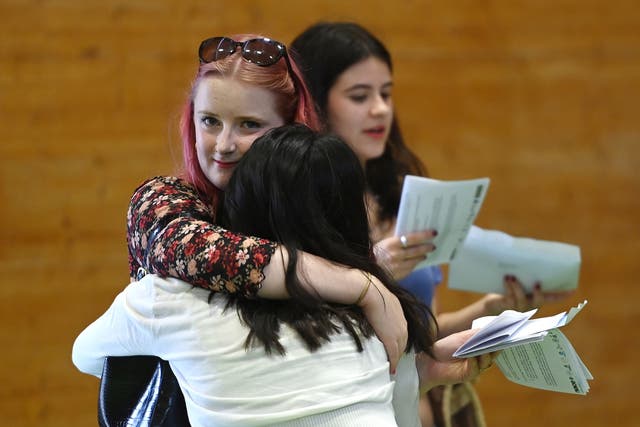 <p>Students receive their A-level results at a school in London this month </p>