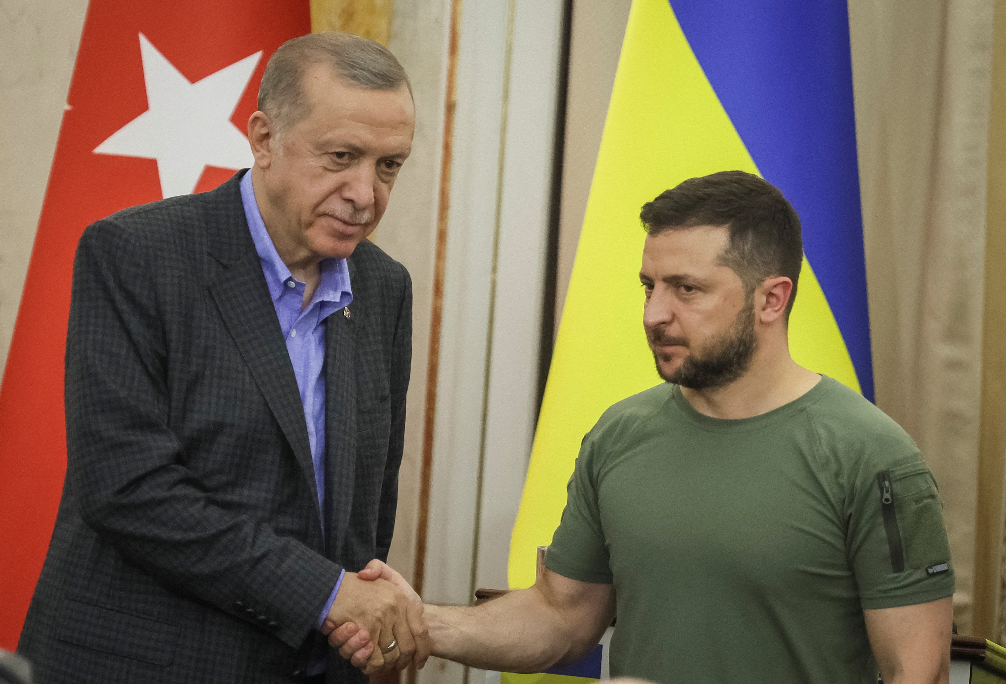 Presidents Erdogan and Zelensky shake hands after their meeting in Lviv on Thursday