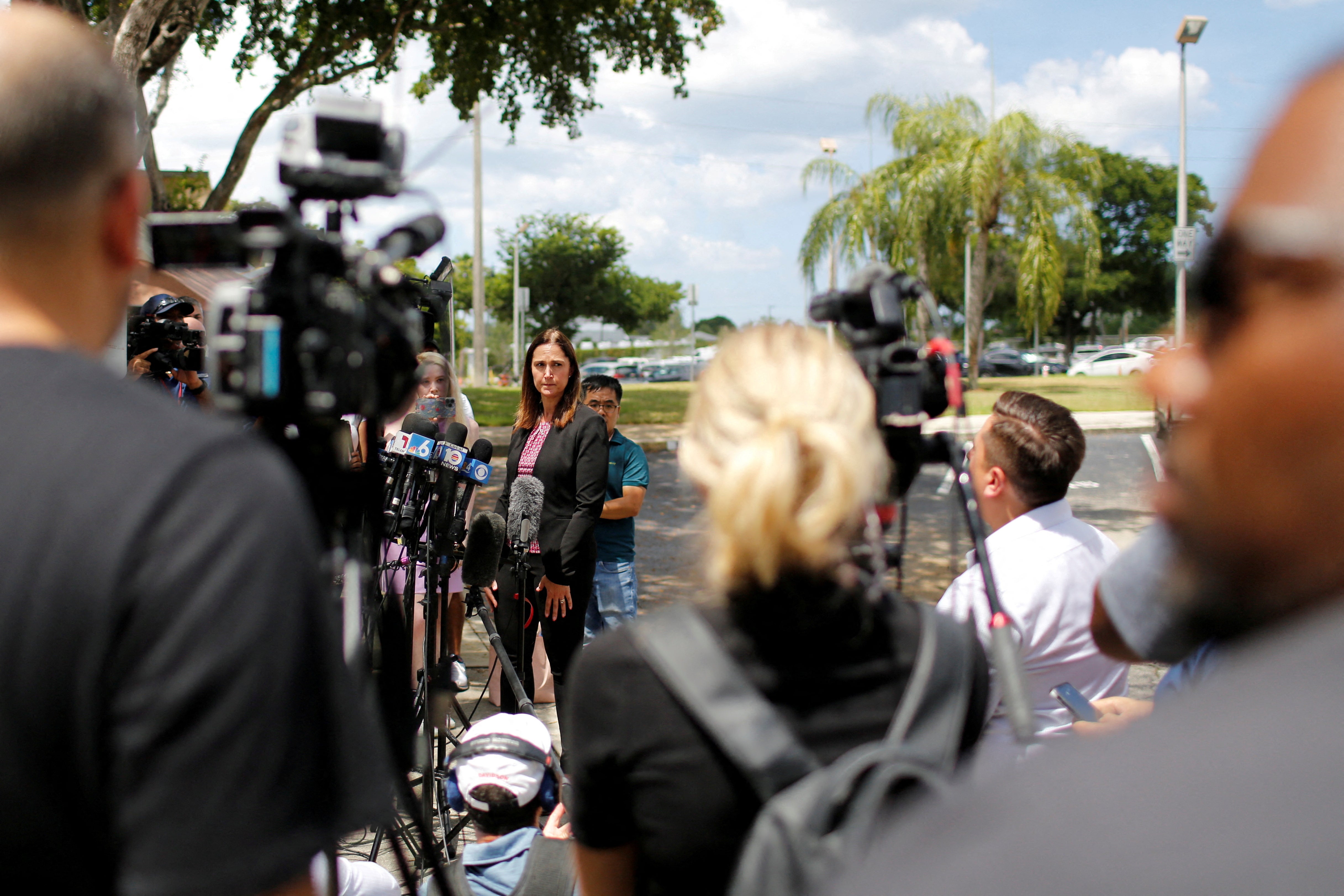 Deanna K. Shullman, Florida attorney representing several media outlets, talks to the media outside the Paul G. Rogers Federal Building and U.S. Courthouse